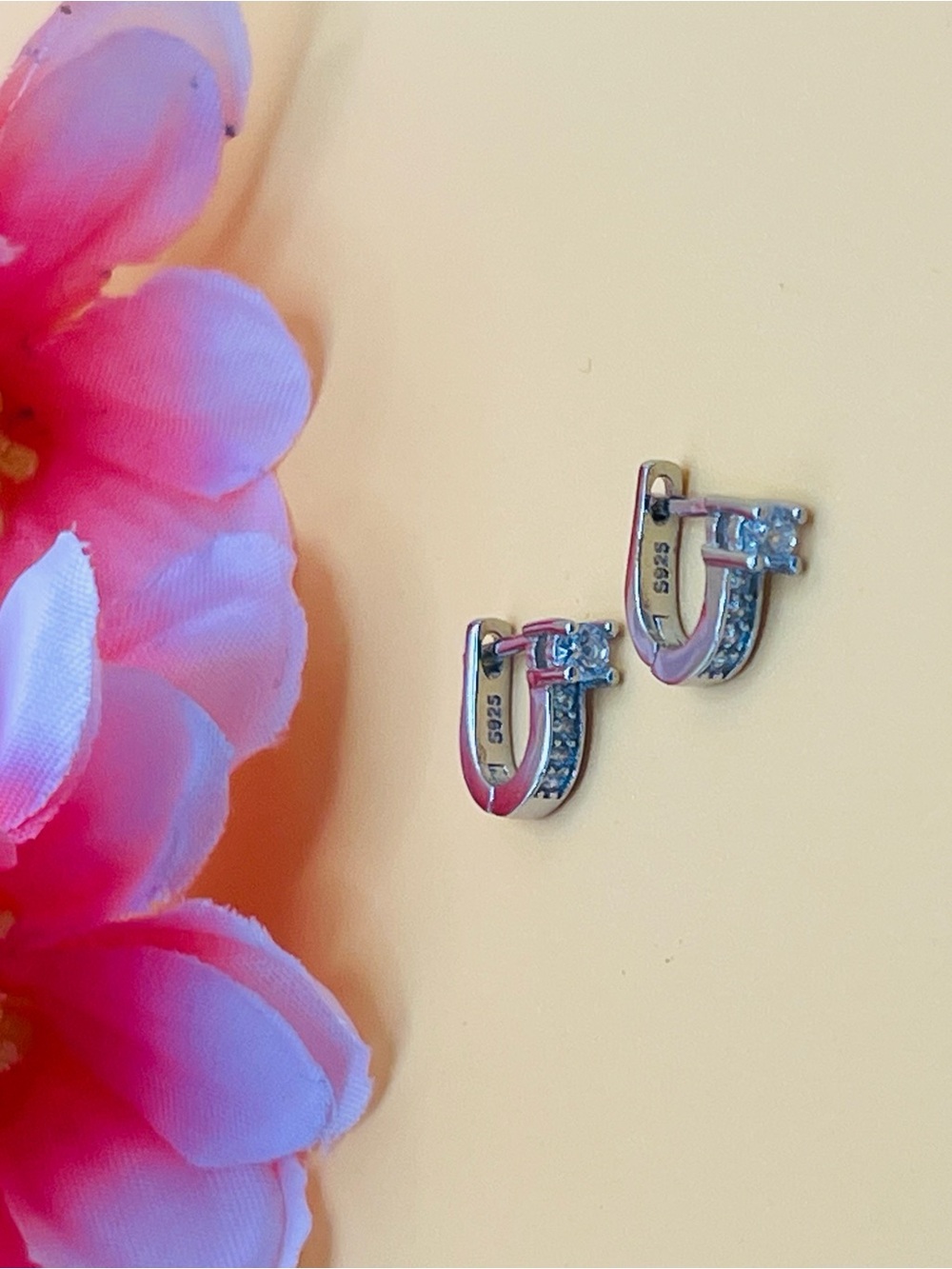 Elegant small Silver Hoop Earrings clear CZ stones, stamped .925